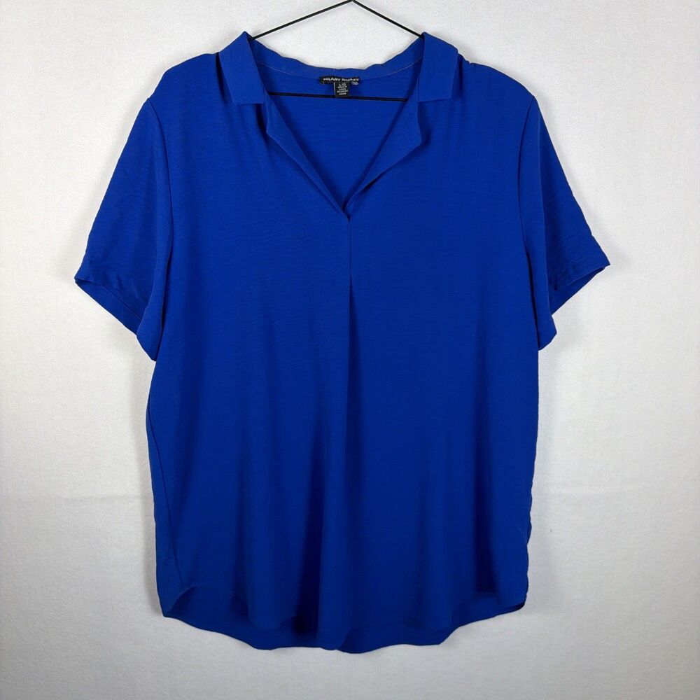 Hilary Radley Womens Large L Royal Blue Short Sleeve Collared Blouse Top